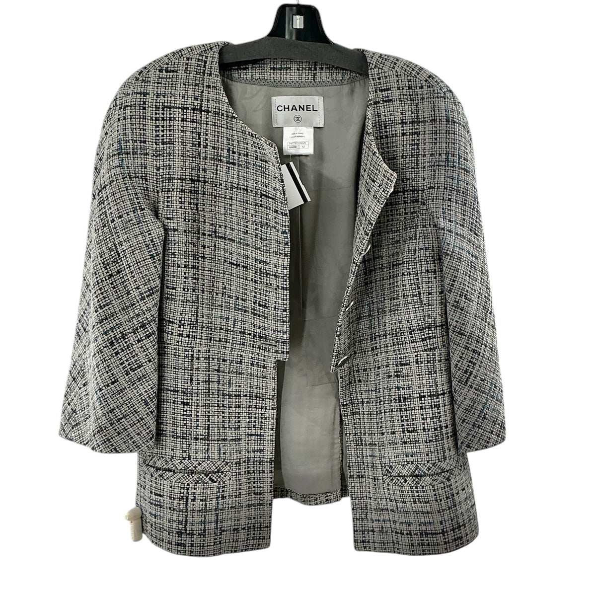 CHANEL Collarless Tweed Jacket Black White Gray Grid Pattern