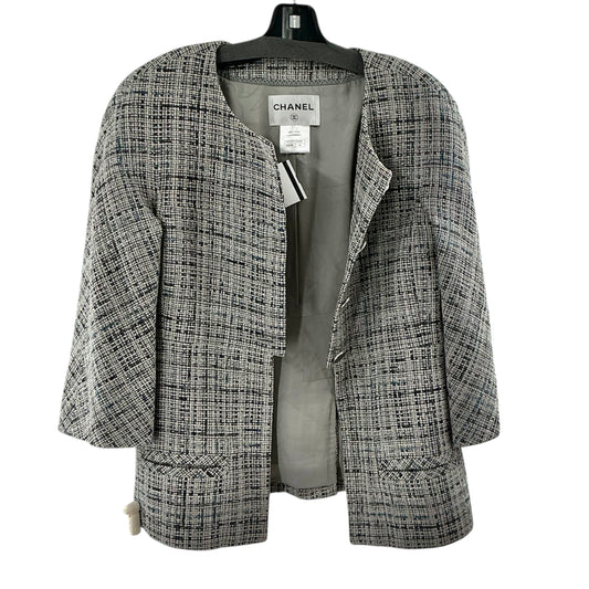CHANEL Collarless Tweed Jacket Black White Gray Grid Pattern