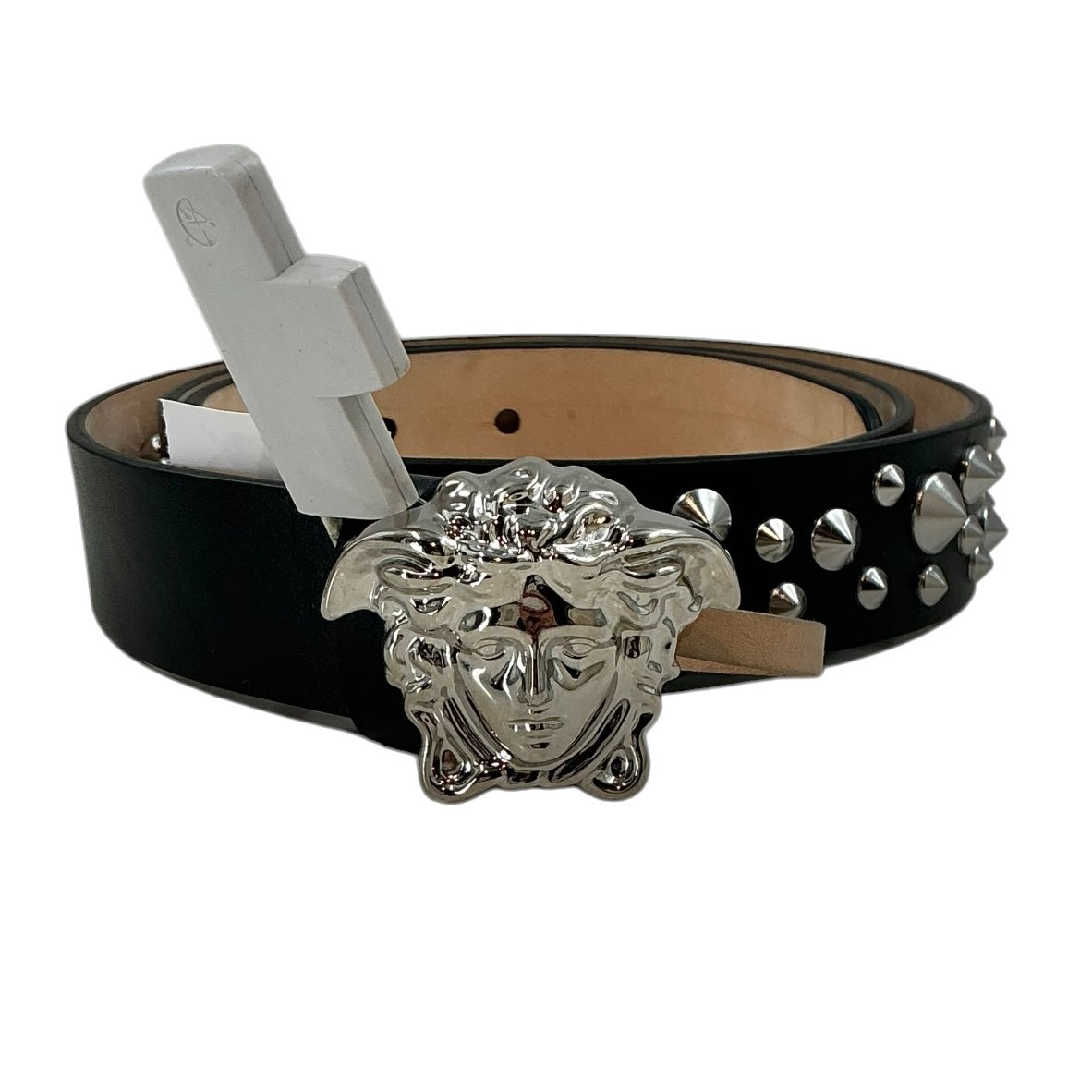 Versace Black Calfskin Studded Belt Silver Medusa Plaque