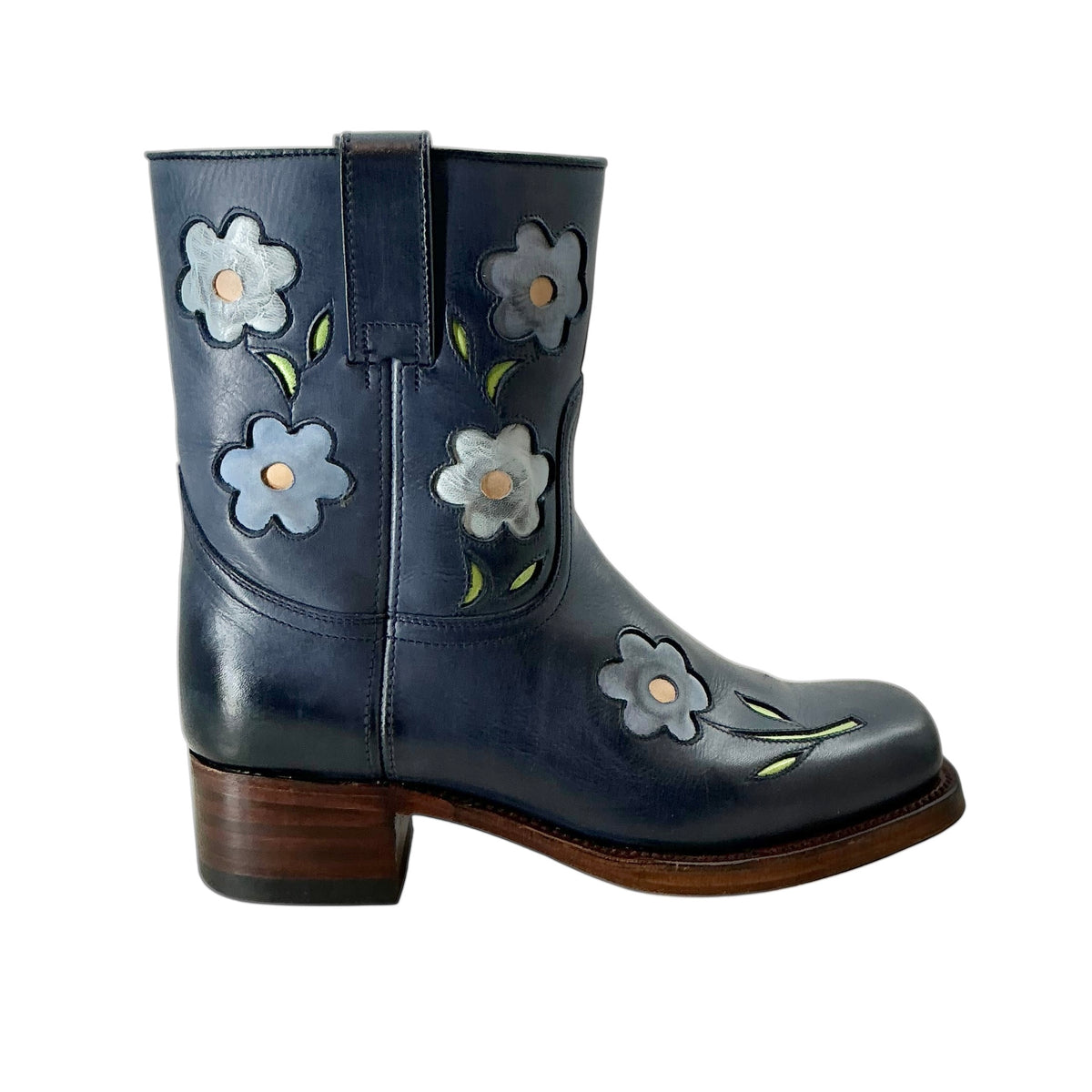 Dandelie by Sendra Handcrafted Leather Flower Ankle Boots Night Blue