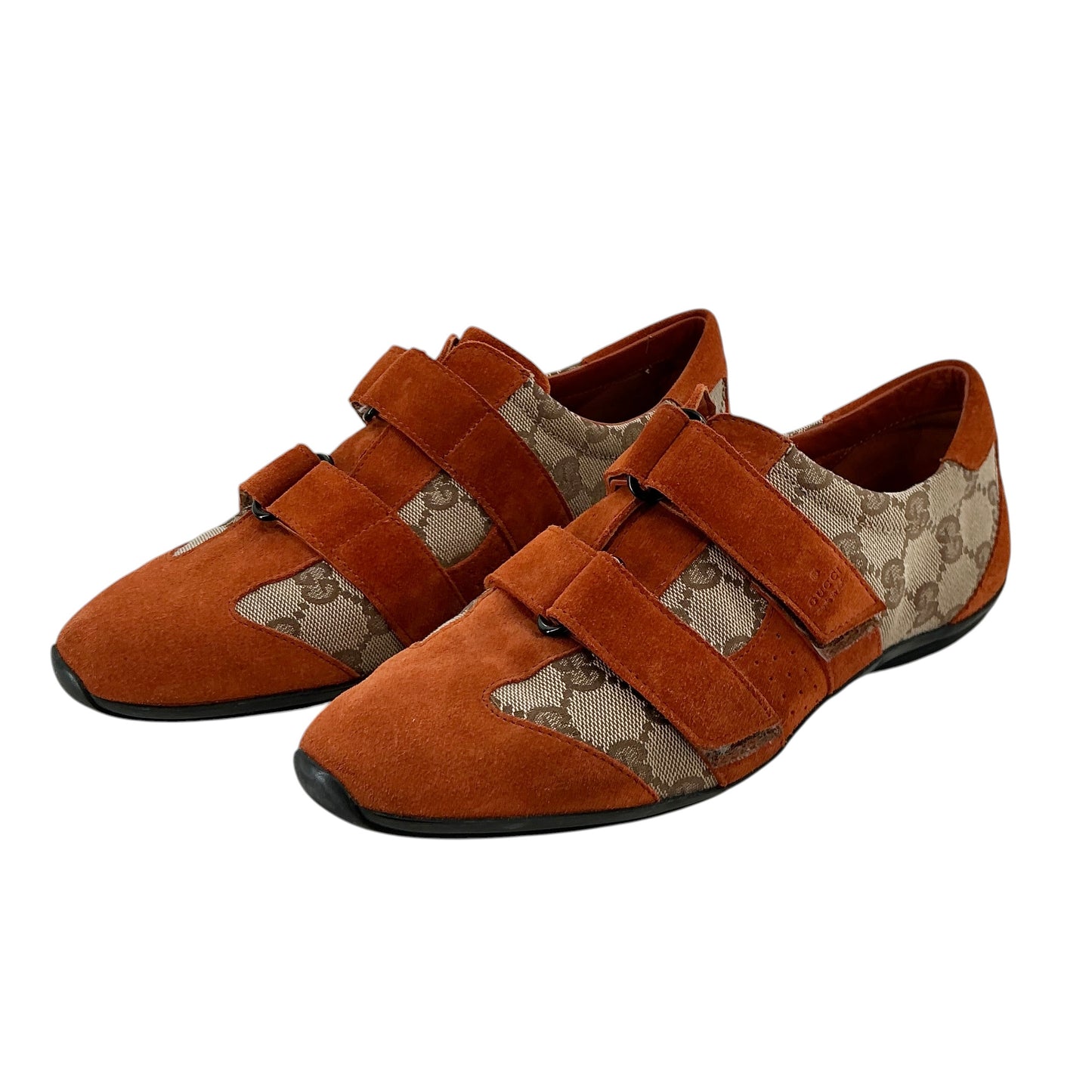 Gucci Vintage GG Monogram Canvas & Rust Orange Suede Velcro Sneakers