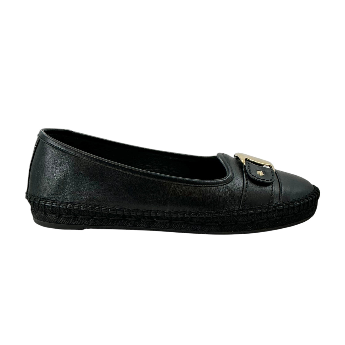 Ferragamo Kacy Black Leather Vara Buckle Espadrille Flats
