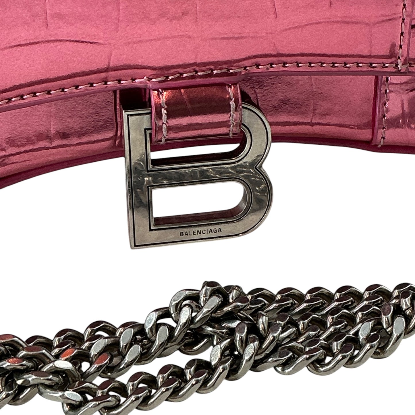 Balenciaga Hourglass Chain Wallet – Metallic Pink Crocodile-Embossed Leather