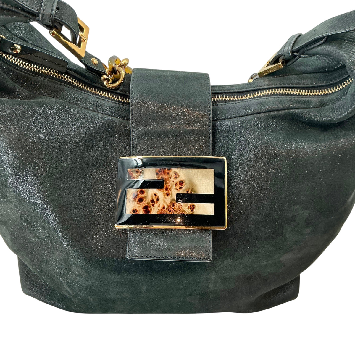 Fendi Black Suede Forever Mama Hobo Bag with Tortoiseshell FF Clasp