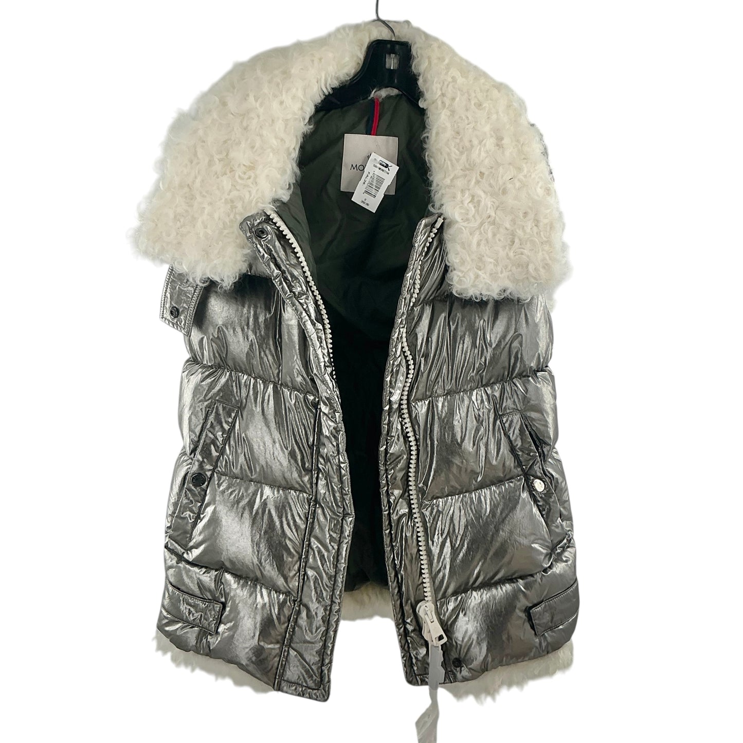 Moncler Kerria Metallic Silver Puffer Vest Down Gilet Shearling Trim