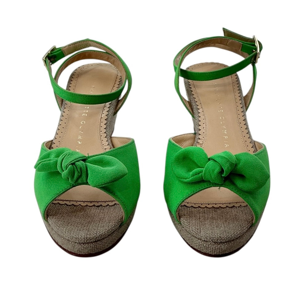 Charlotte Olympia Green Suede Serena Bow Wedge Sandals