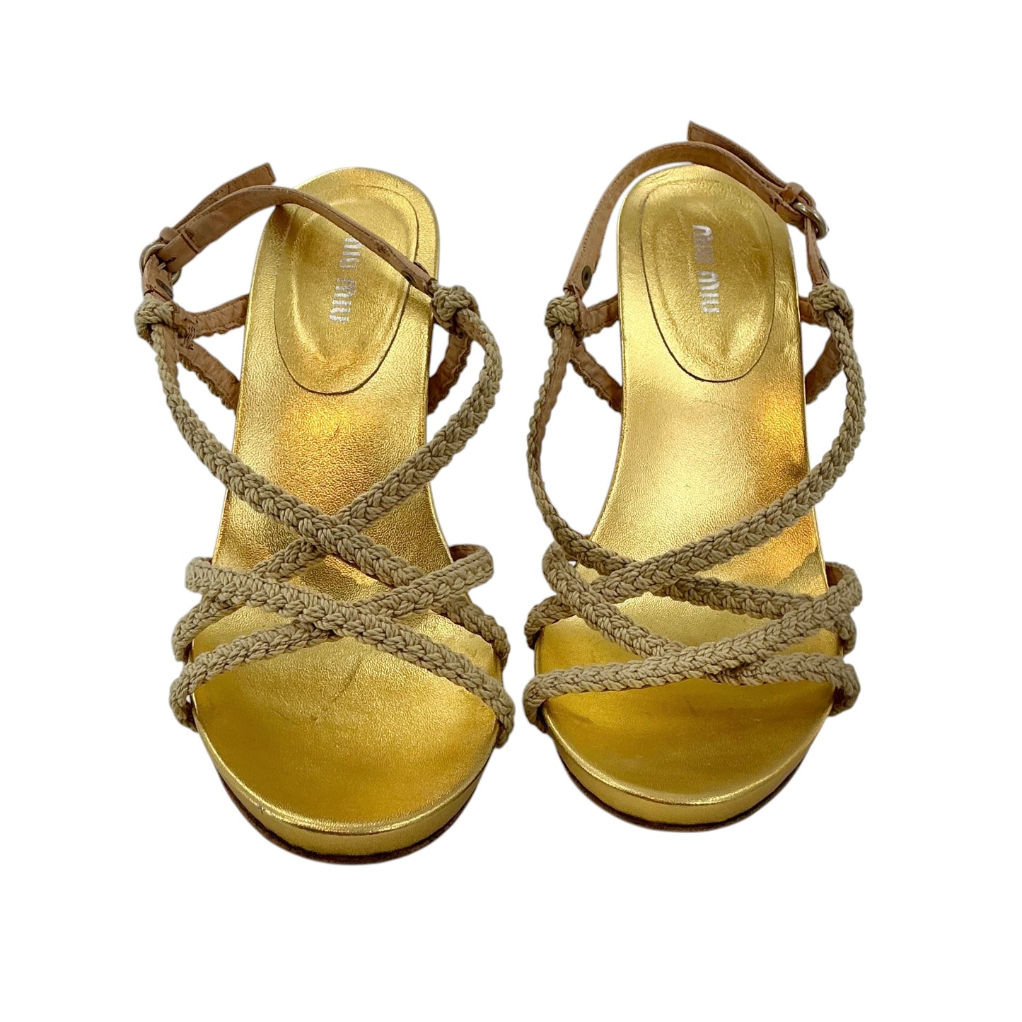 Miu Miu Gold Braided Leather Slingback Sandals
