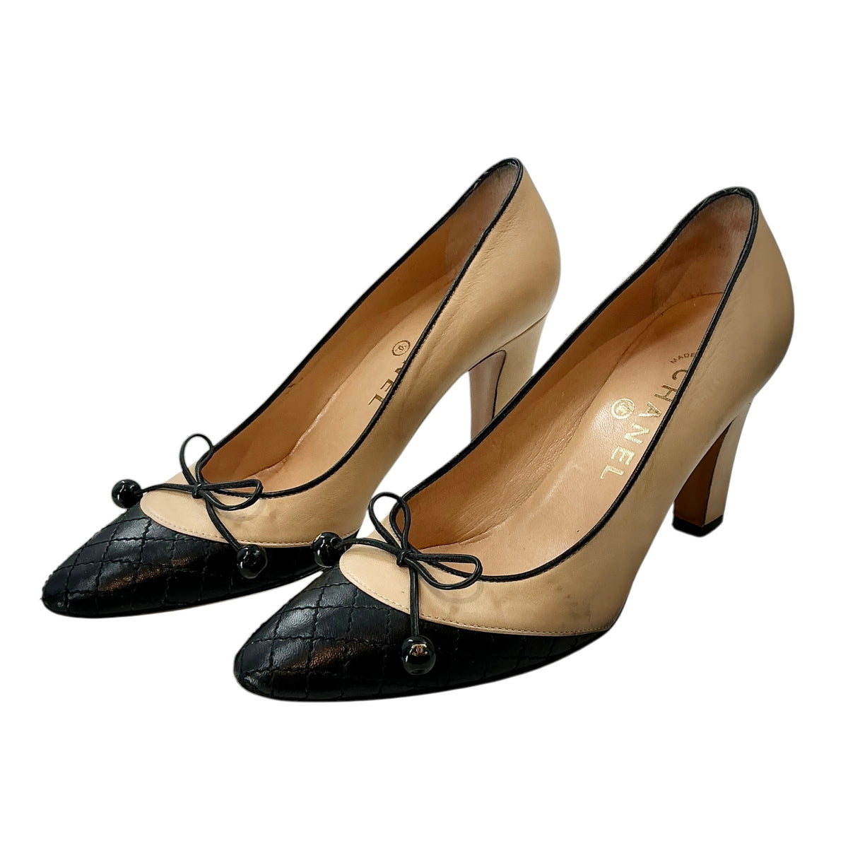 Chanel Two-Tone Quilted Cap-Toe Bow Pumps