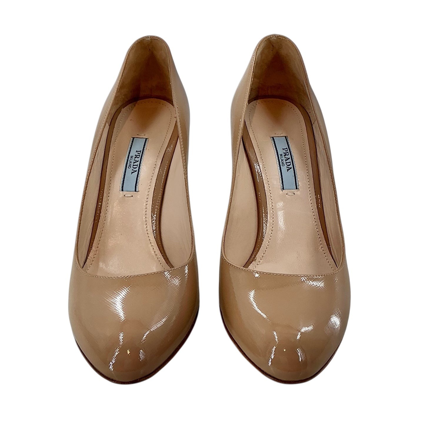 PRADA Vernice Nude Beige Patent Leather Round Toe Pumps Heels
