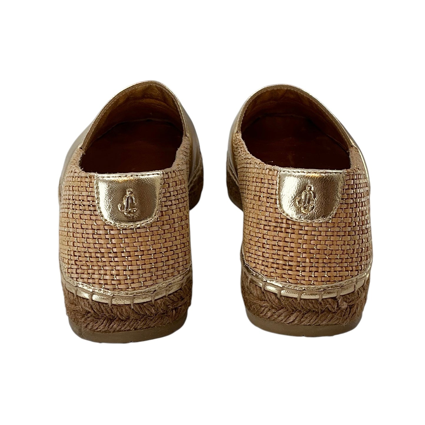 Jimmy Choo "Dru" Metallic Leather and Woven Fabric Flat Espadrilles