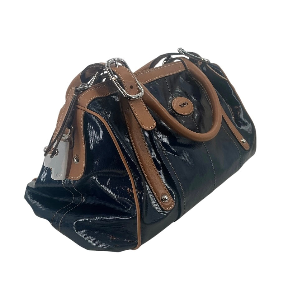 TOD’S Black Coated Canvas Satchel with Tan Leather Trim