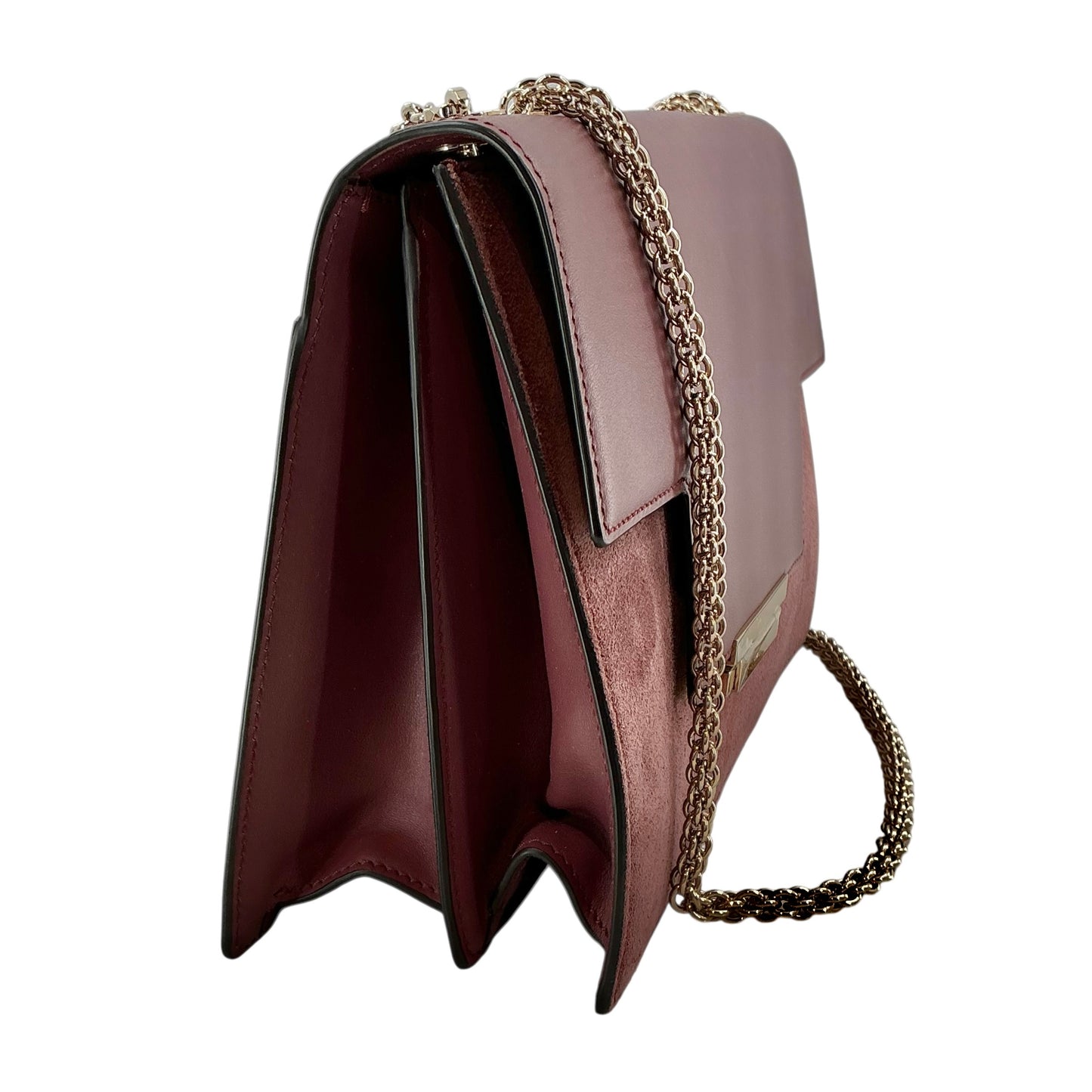 AERIN Burgundy Leather & Suede Convertible Flap Shoulder Bag with Gold Chain