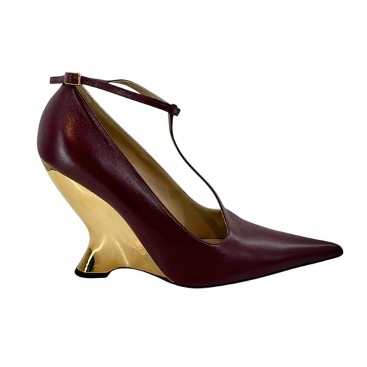 Bottega Veneta Punta T-Bar Wedge Pumps Burgundy Gold Metallic Heel