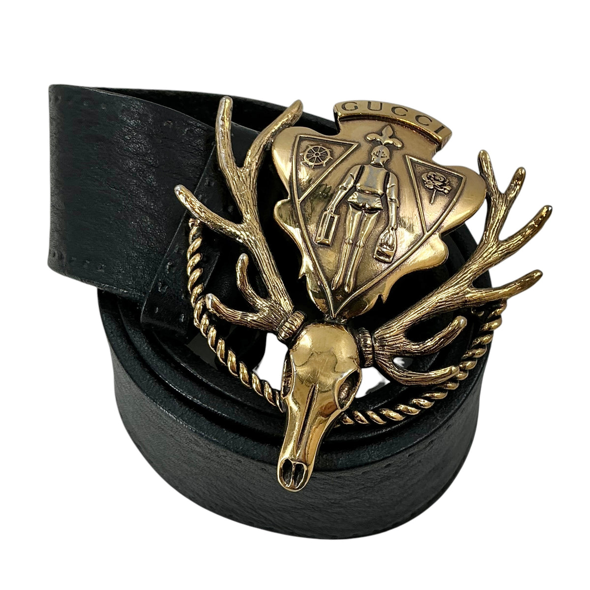 GUCCI "Hysteria" Black Leather Belt with Antiqued Gold Stag Skull Crest Buckle