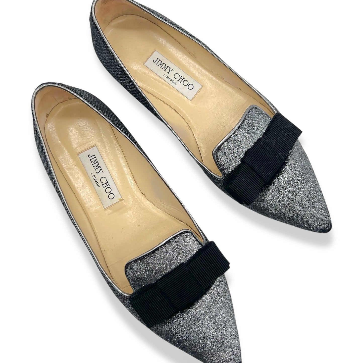 Jimmy Choo Silver & Gunmetal Coarse Glitter Gala Ballerina Flats