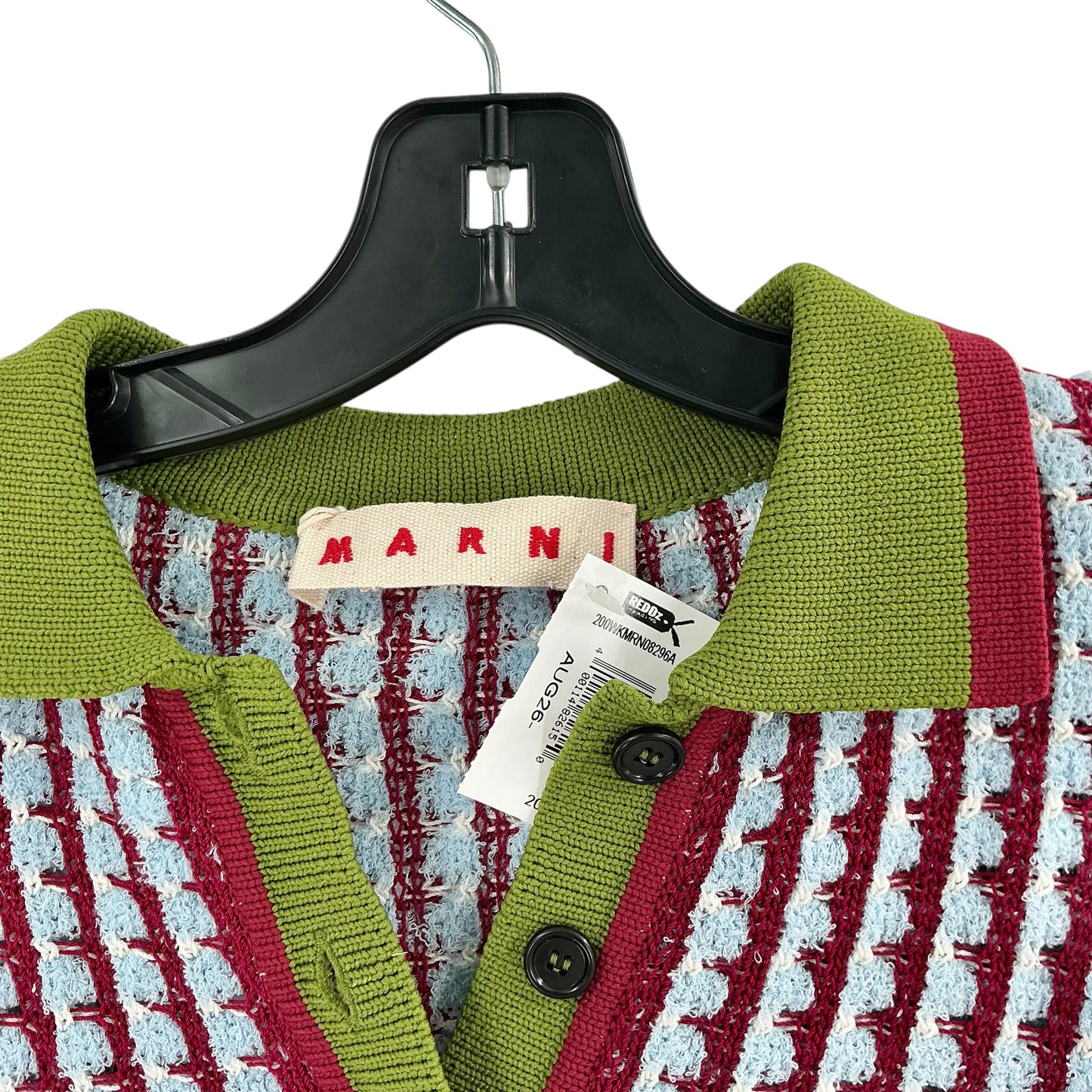 MARNI Cropped Textured Stripe Knit Polo Sweater - Green/Red/Light Blue