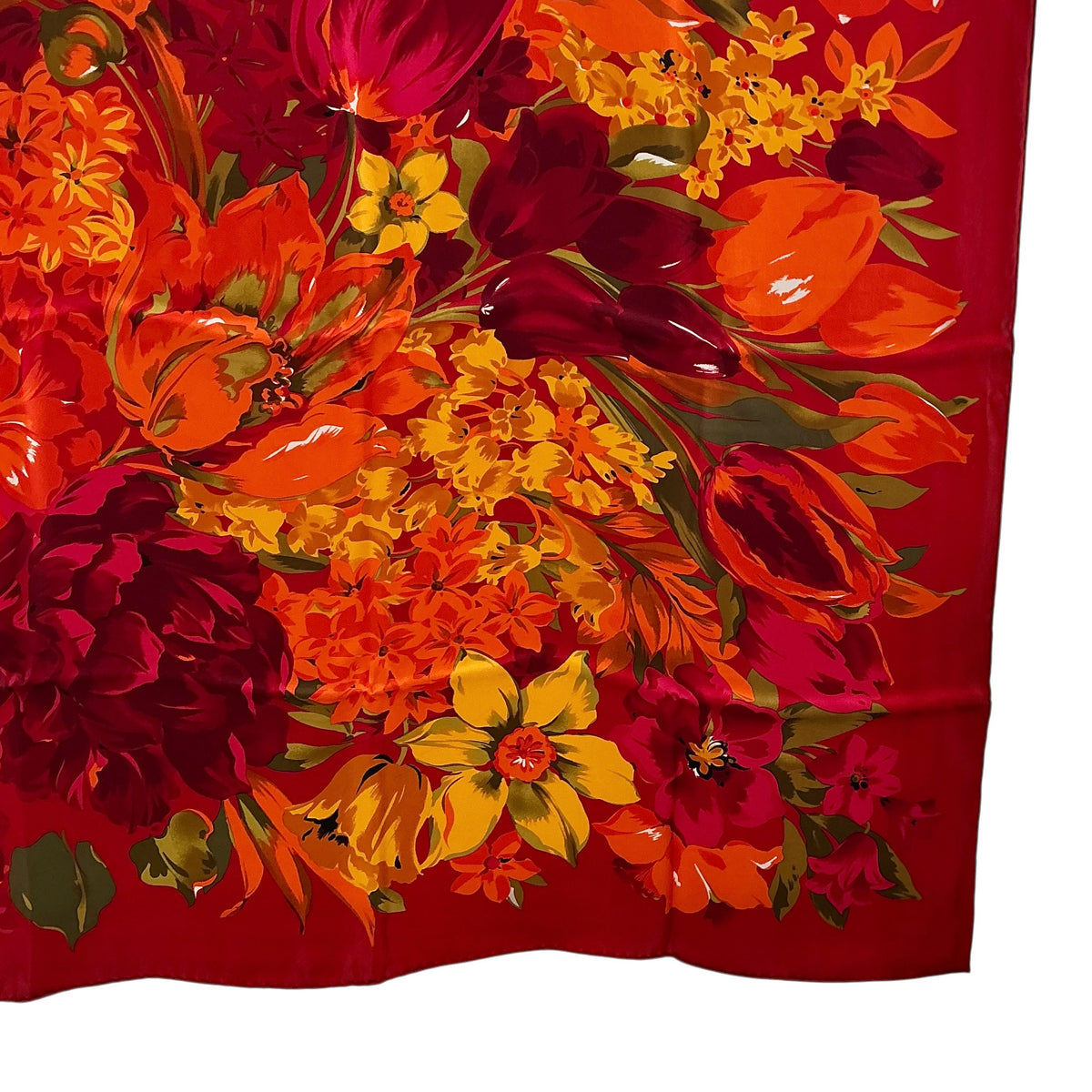 Vintage Yves Saint Laurent Silk Floral Scarf – Vibrant Red, Orange & Yellow Square Foulard