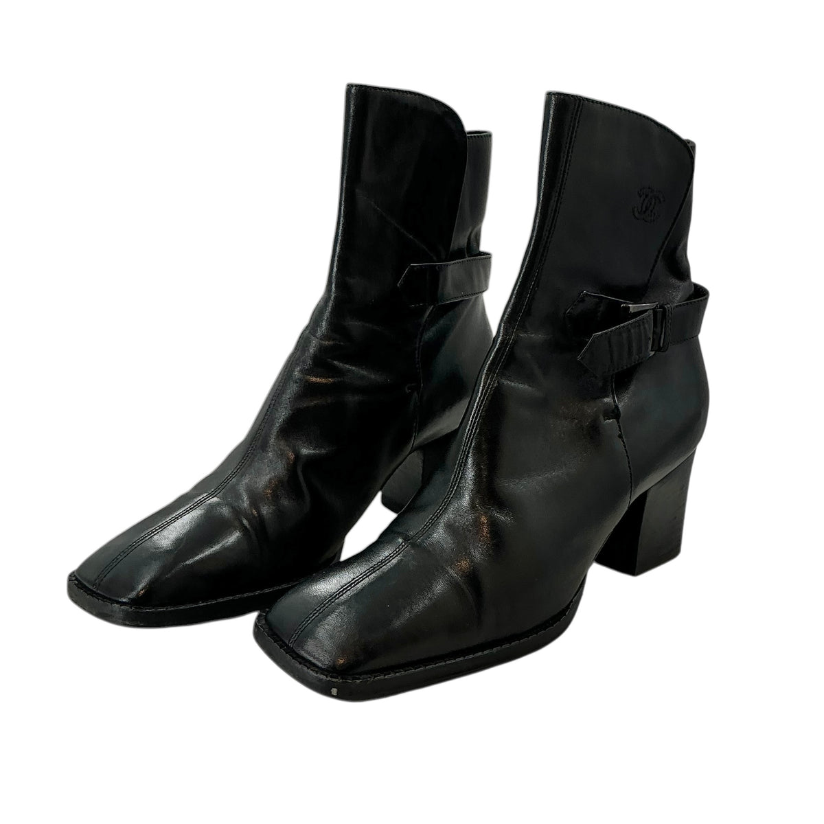 CHANEL Black Leather Square Toe Ankle Boots