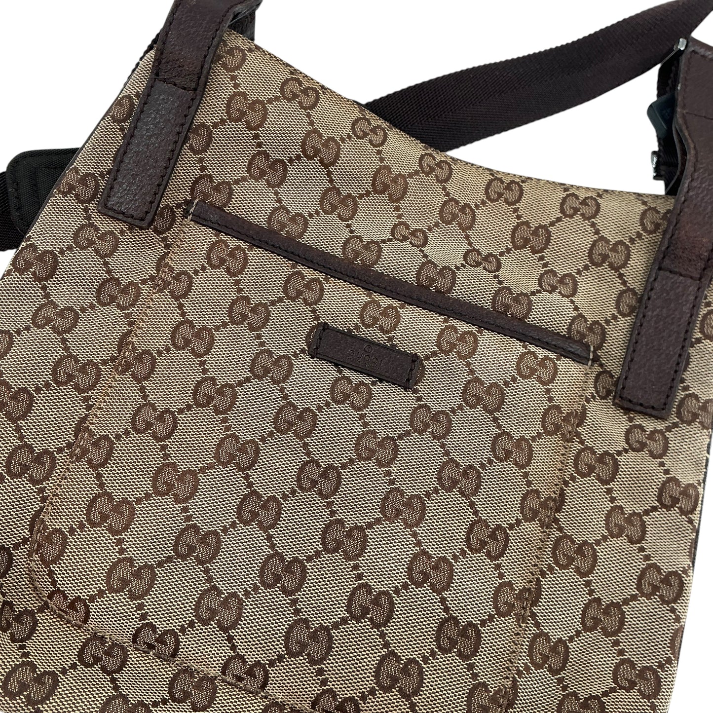 Gucci Vintage Beige/Brown GG Monogram Canvas Flat Messenger Crossbody Bag