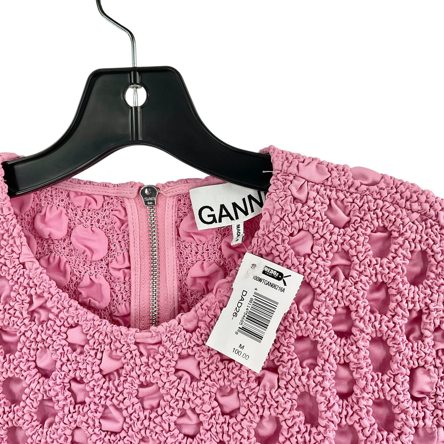 GANNI Smocked Satin Beaded Fringe Crop Top