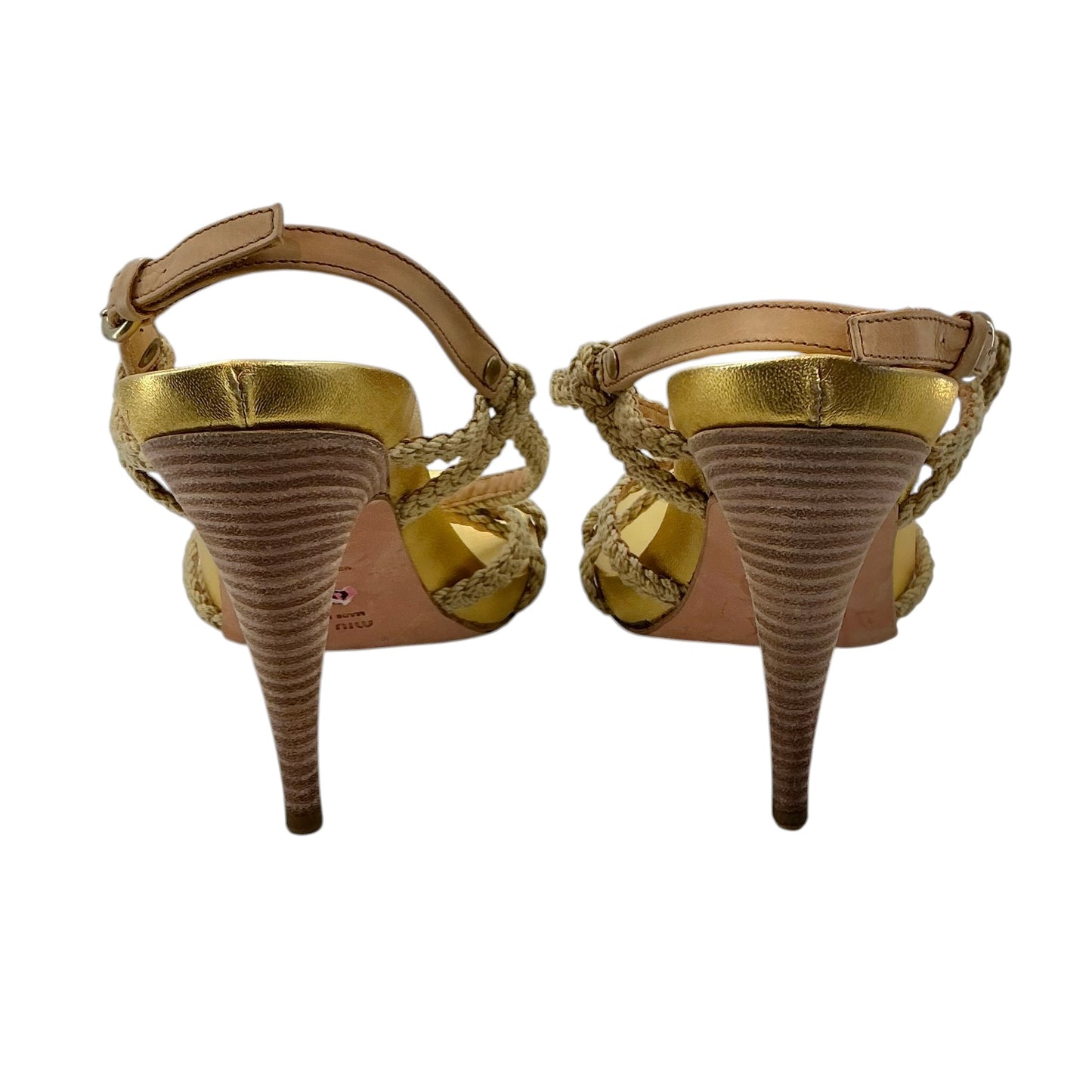 Miu Miu Gold Braided Leather Slingback Sandals