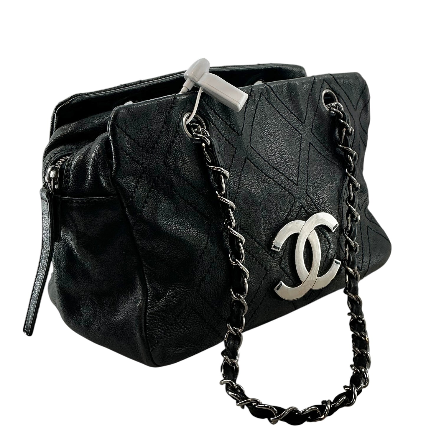 Chanel Vintage Black Diamond Stitch Leather Bowler Bag