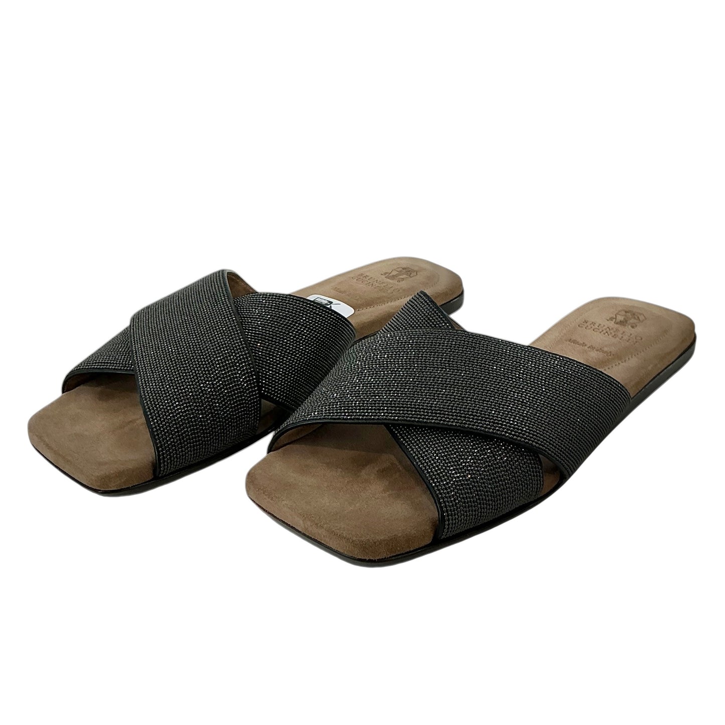 Brunello Cucinelli Monili Bead Crisscross Suede Slide Sandals