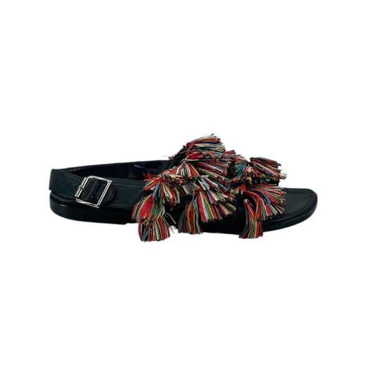 Manolo Blahnik Raffia Fringe Leather Slingback Sandals