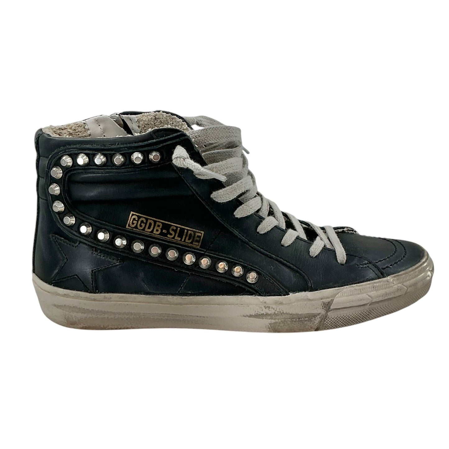 Golden Goose Slide Black Leather Studded High Top Sneakers