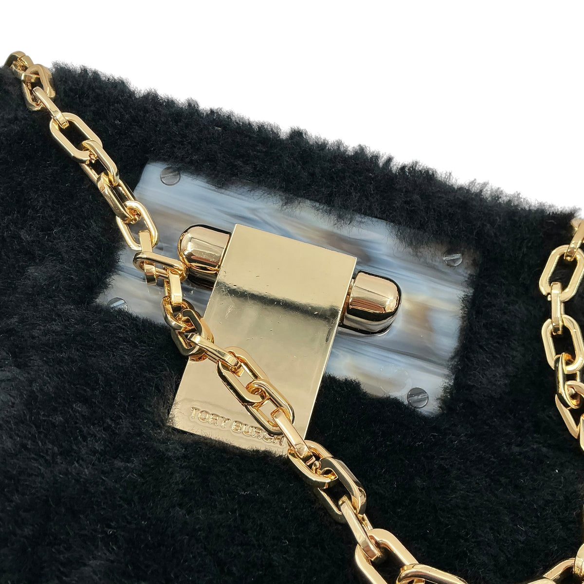 Tory Burch Black Fun Fur Shearling Flip-Lock Clutch Shoulder Bag