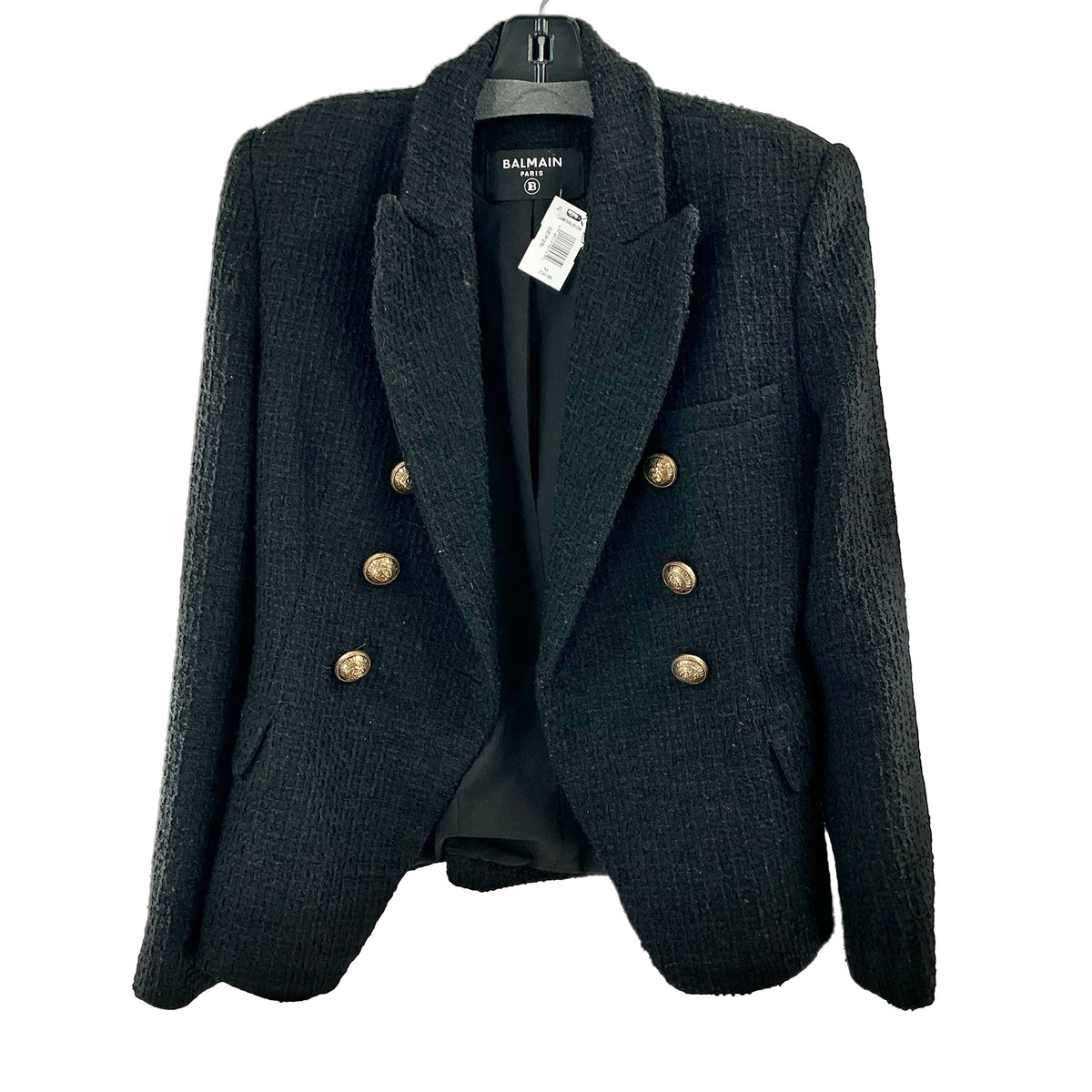 Balmain Paris Black Double-Breasted Tweed Blazer Jacket
