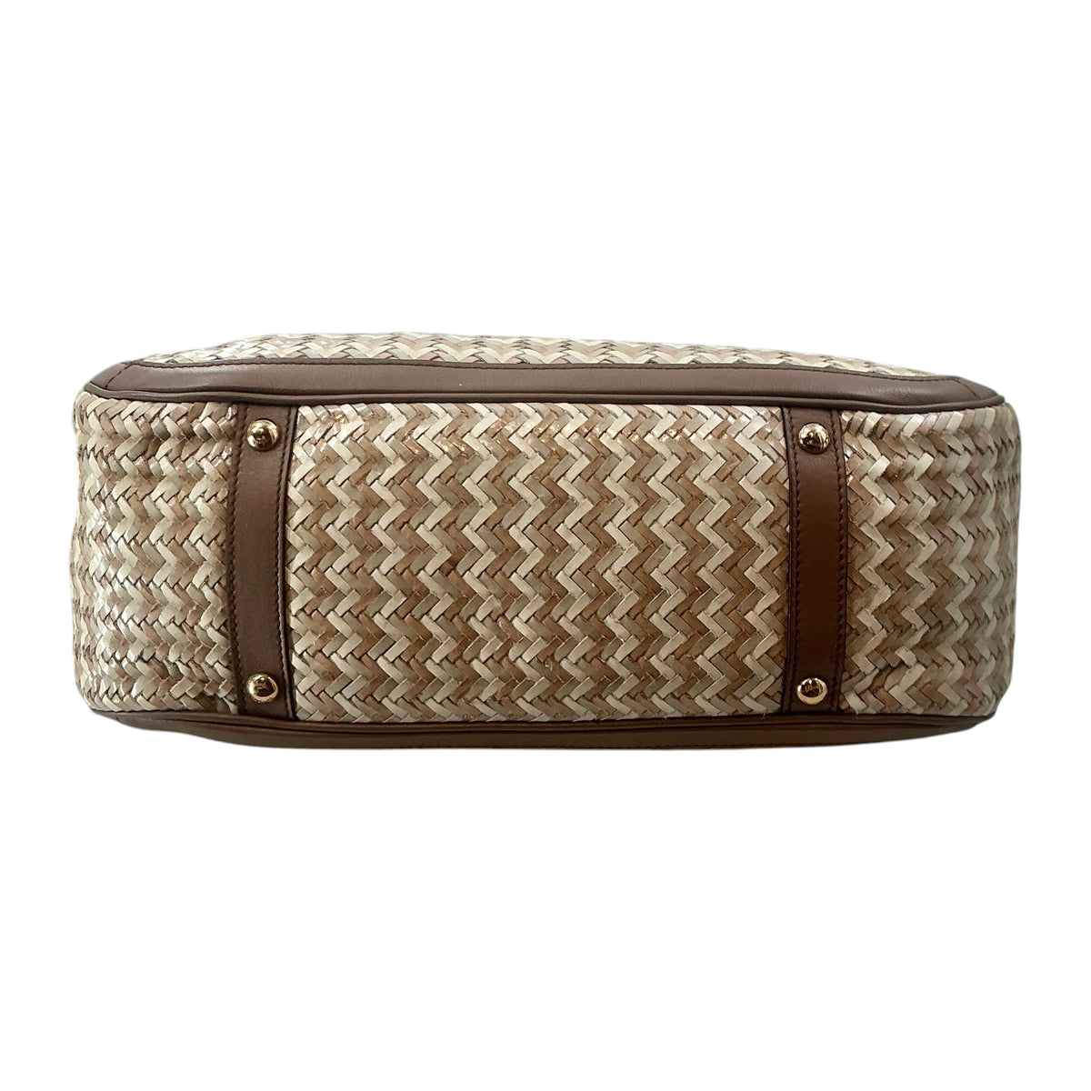 Salvatore Ferragamo Betulla Chevron Woven Straw & Brown Leather Shoulder Tote
