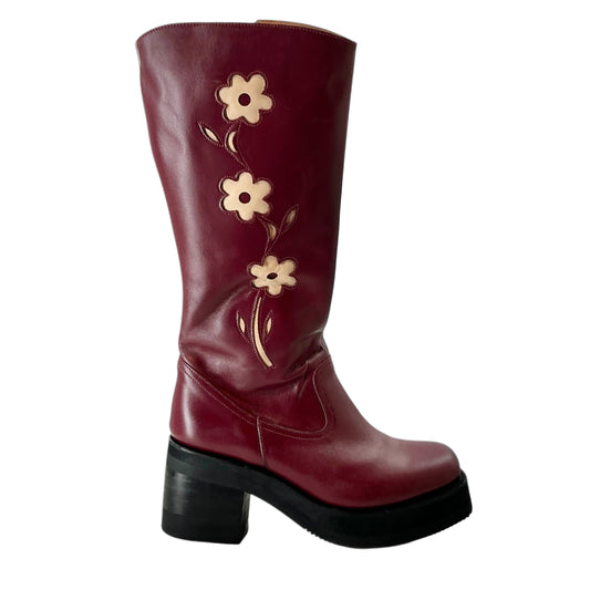 Sendra 70s Retro Red Leather Floral Chunky Platform Boots