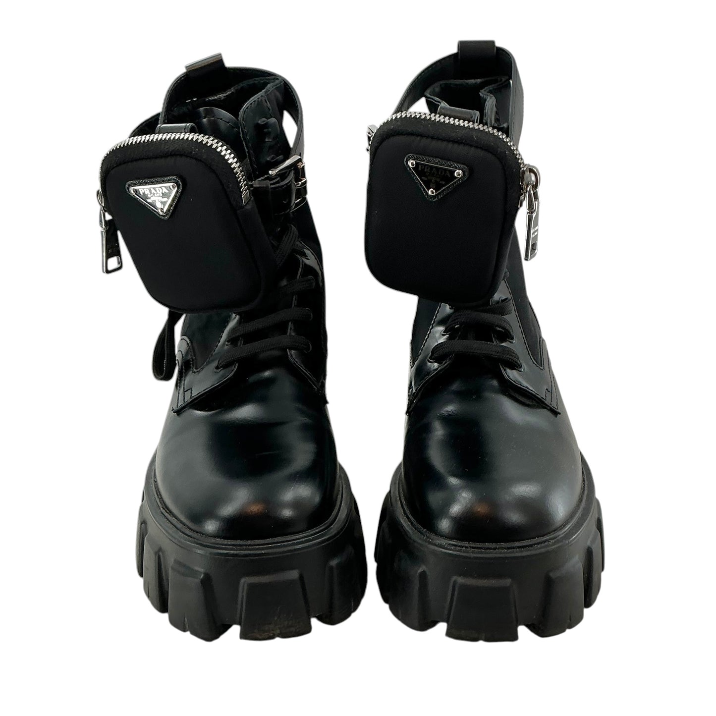 Prada Black Monolith Brushed Leather and Re-Nylon Combat Boots