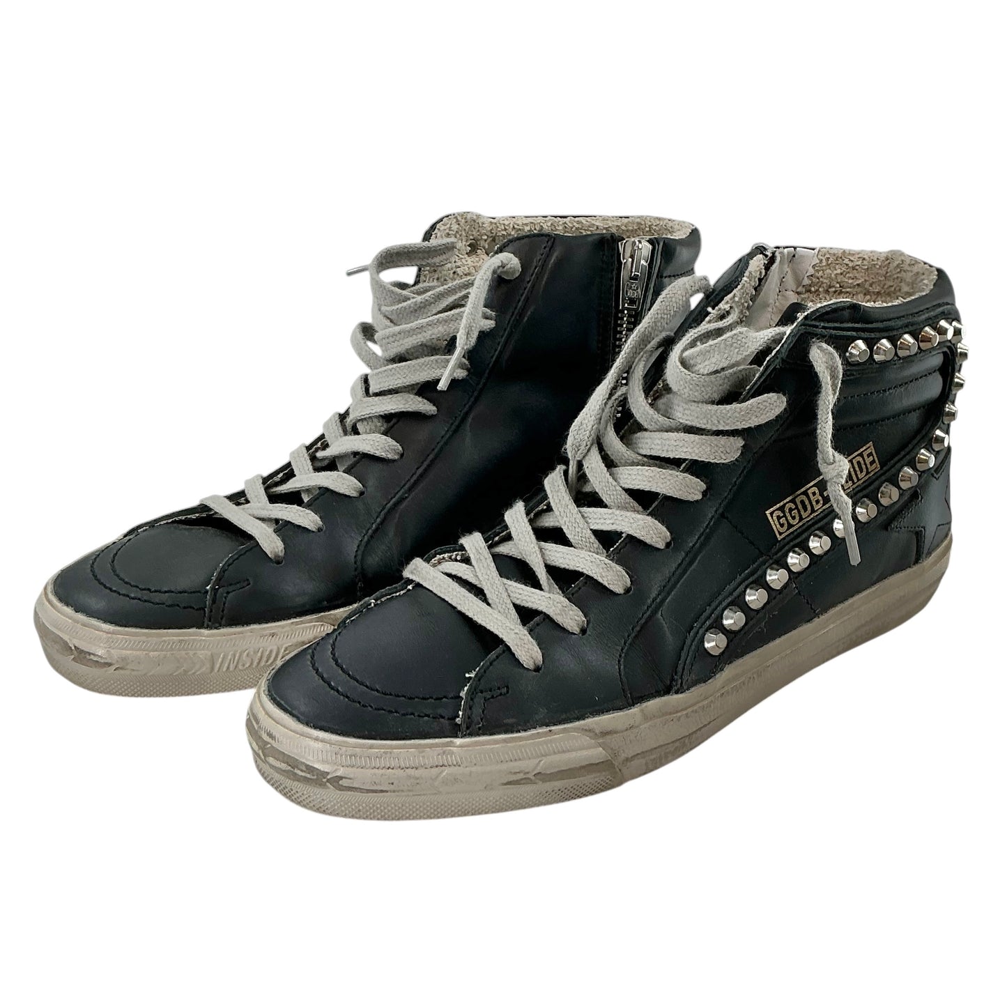 Golden Goose Slide Black Leather Studded High Top Sneakers