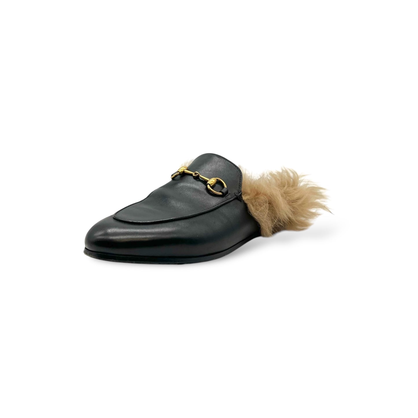 Gucci Black Leather Fur Horsebit Princetown Flat Mules