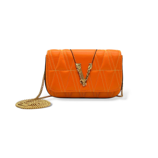 Versace Quilted Leather Mini Orange Crossbody Bag