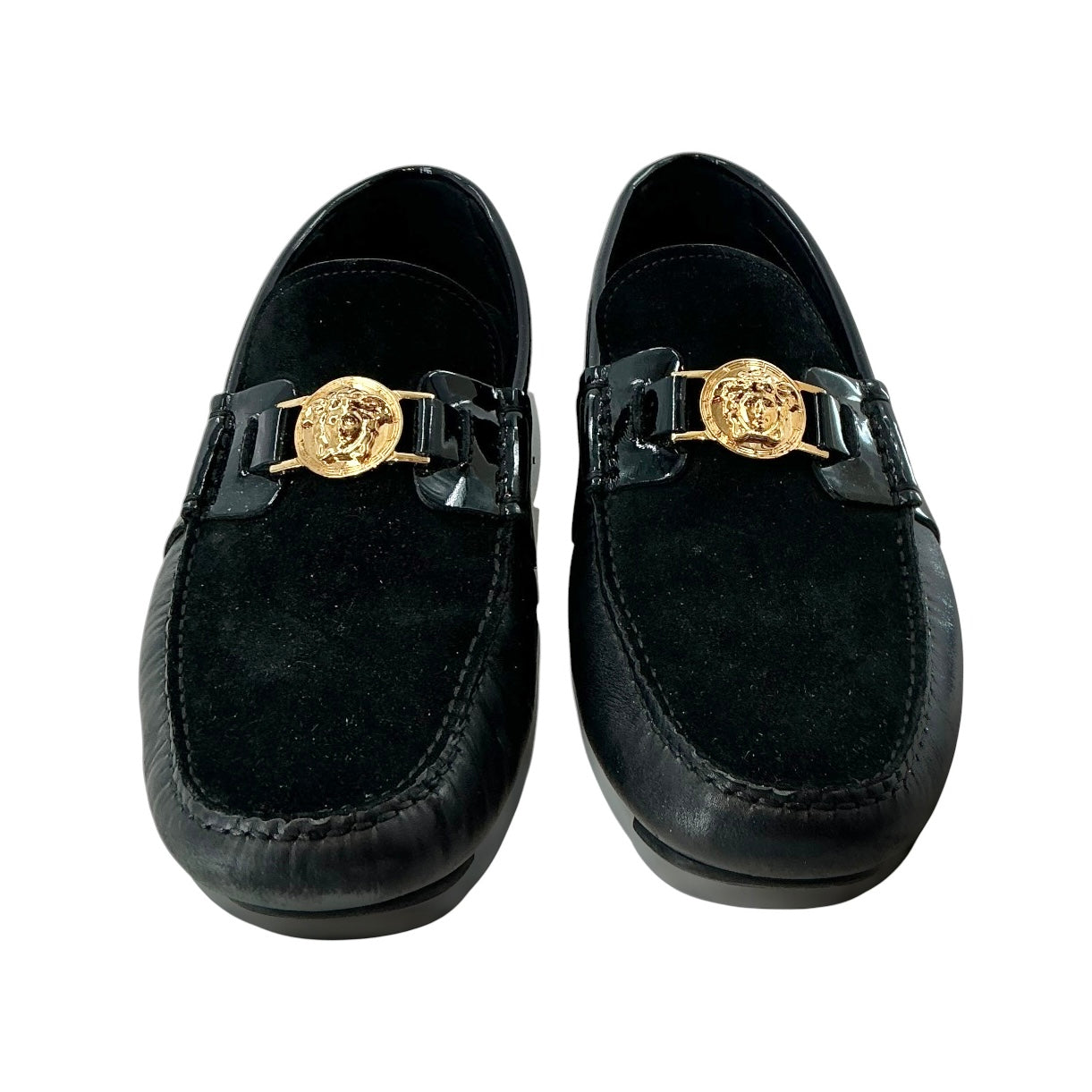 Versace Black Suede & Patent Leather Medusa Loafers