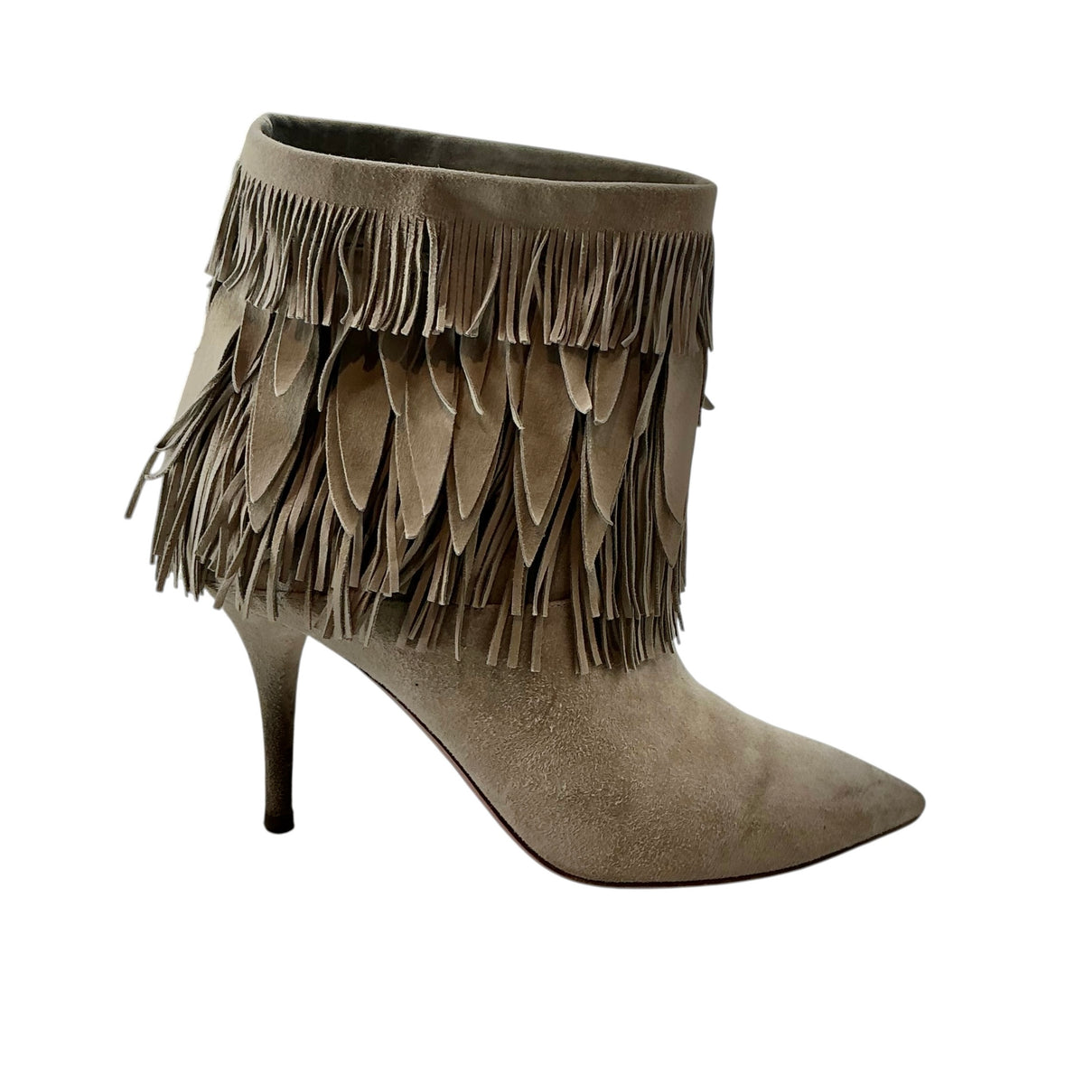 Aquazzura Sasha Tiered Leaf Fringe Suede Stiletto Booties Size