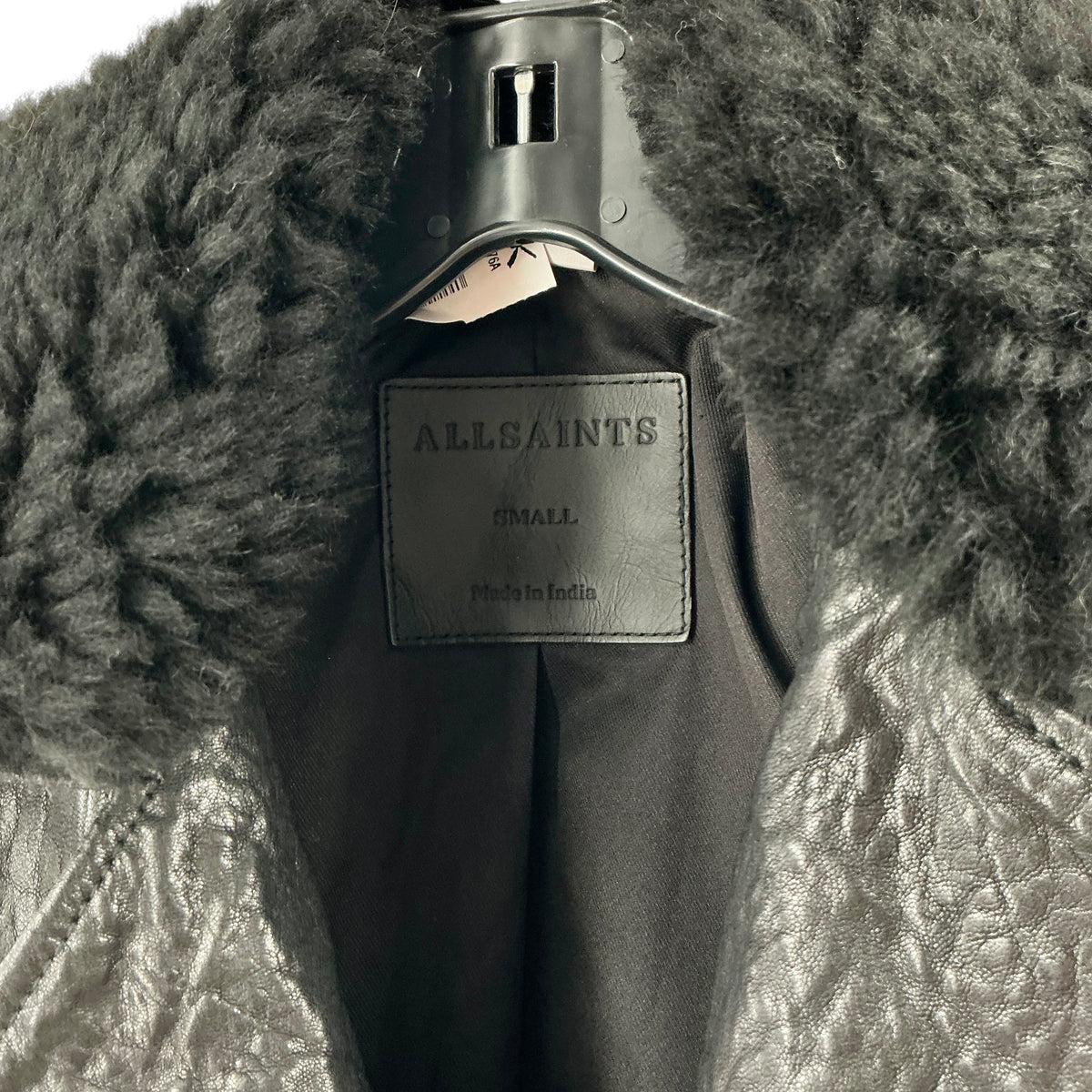 AllSaints Black Textured Sheepskin Leather Moto Jacket Removable Sherpa Collar