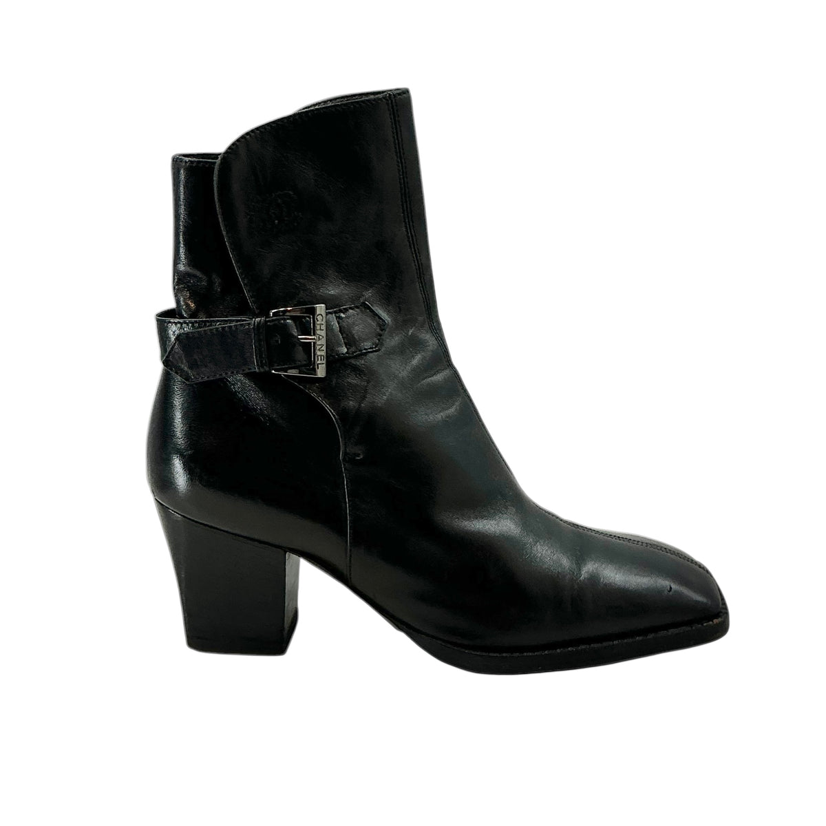 CHANEL Black Leather Square Toe Ankle Boots