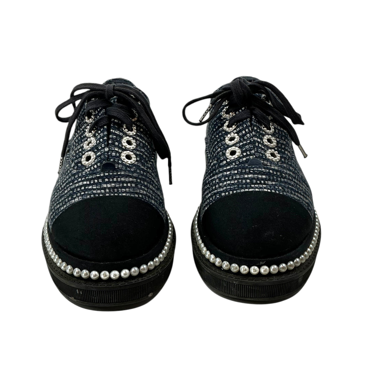 Chanel Navy Tweed & Grosgrain Faux Pearl Derby Oxfords