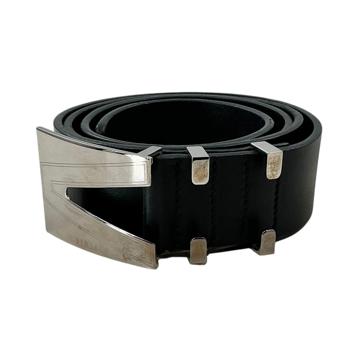 VERSACE Classic Black Leather Belt with Silver V-Logo Buckle