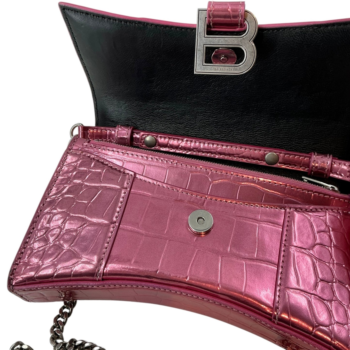 Balenciaga Hourglass Chain Wallet – Metallic Pink Crocodile-Embossed Leather