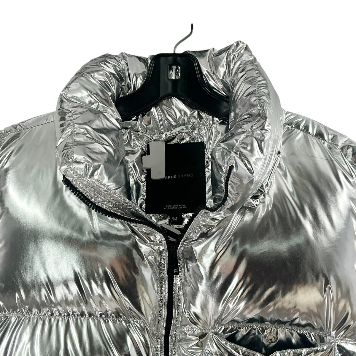 Purple Brand Metallic Silver Wordmark Puffer Vest