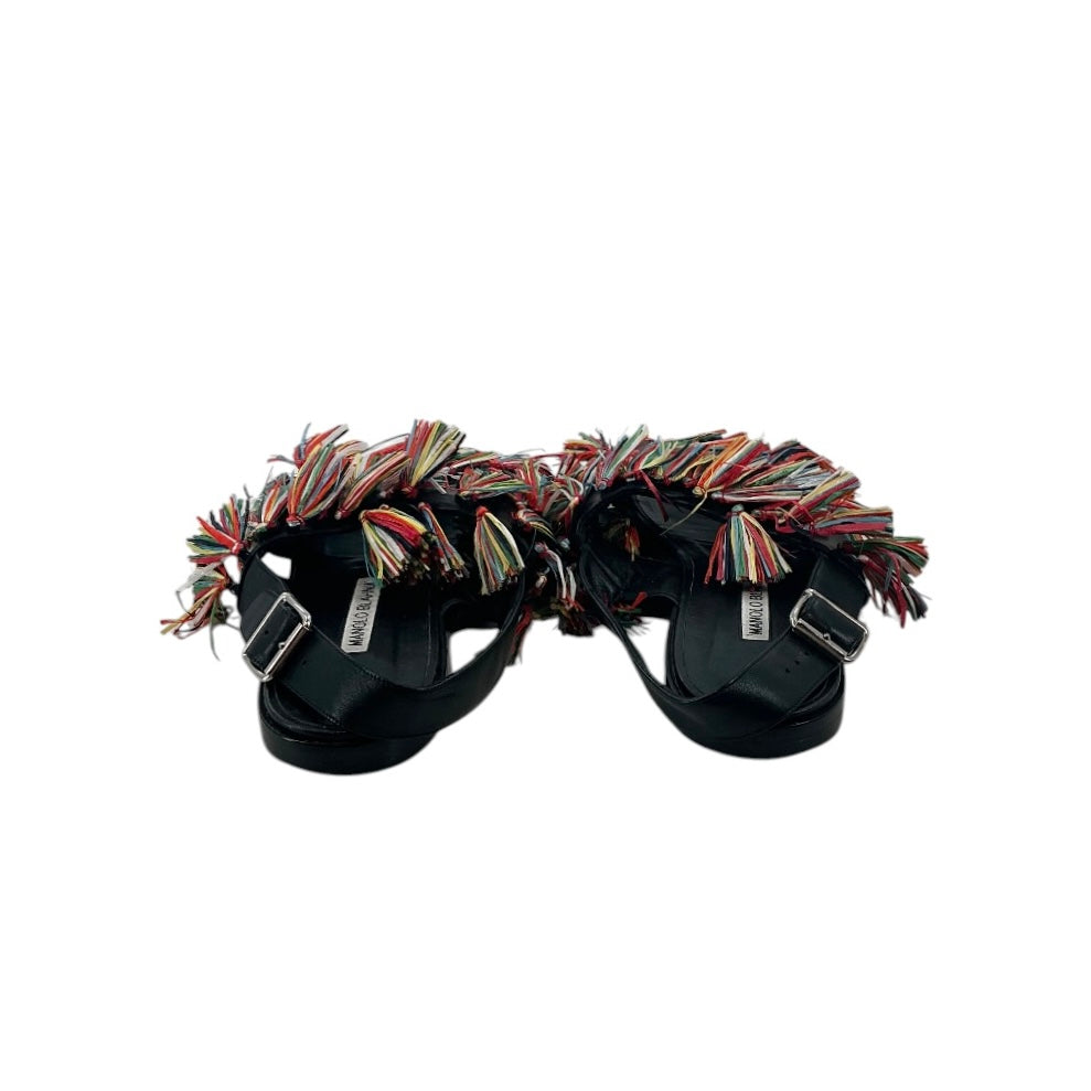 Manolo Blahnik Raffia Fringe Leather Slingback Sandals