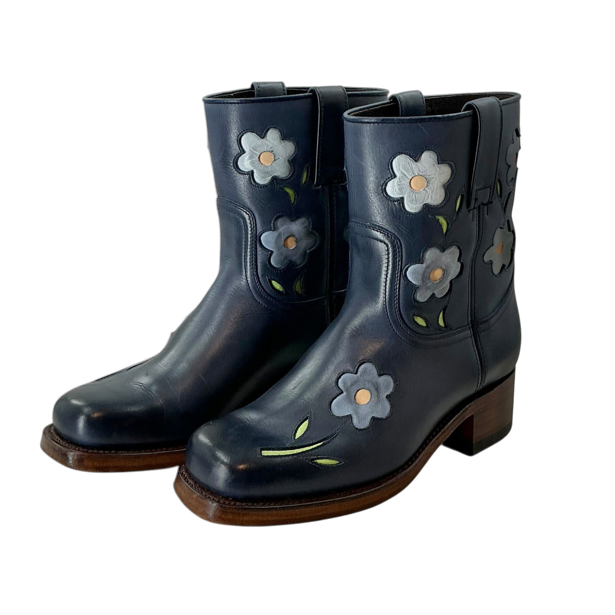 Dandelie by Sendra Handcrafted Leather Flower Ankle Boots Night Blue