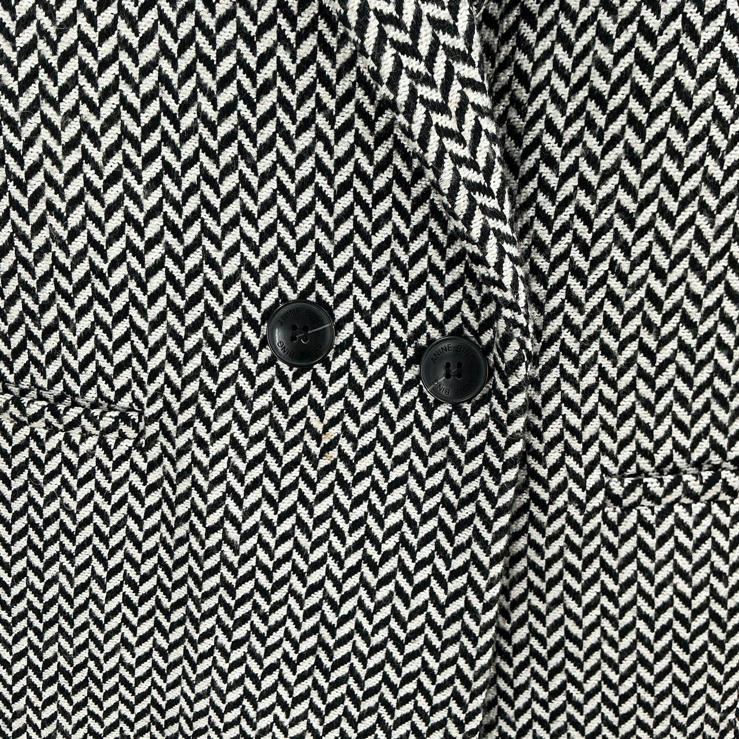 Anine Bing Fishbone Double-Breasted Blazer Jacket - Black & Off-White Chevron