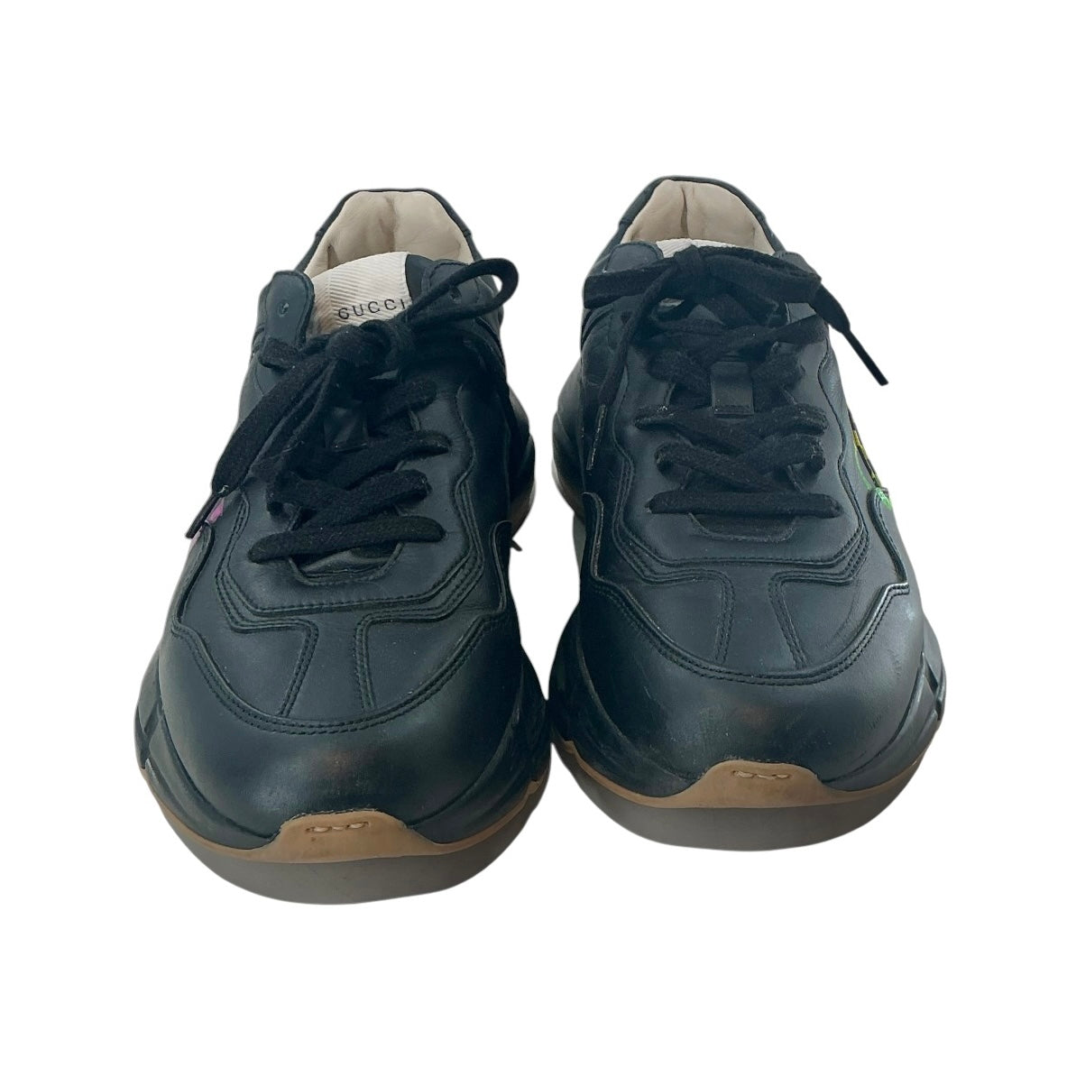Gucci Rhyton Black Leather Rainbow Logo Sneakers