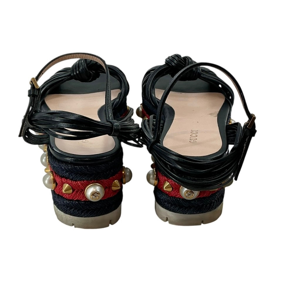 Gucci Barbette Navy Leather & Red Canvas Studded Platform Sandals